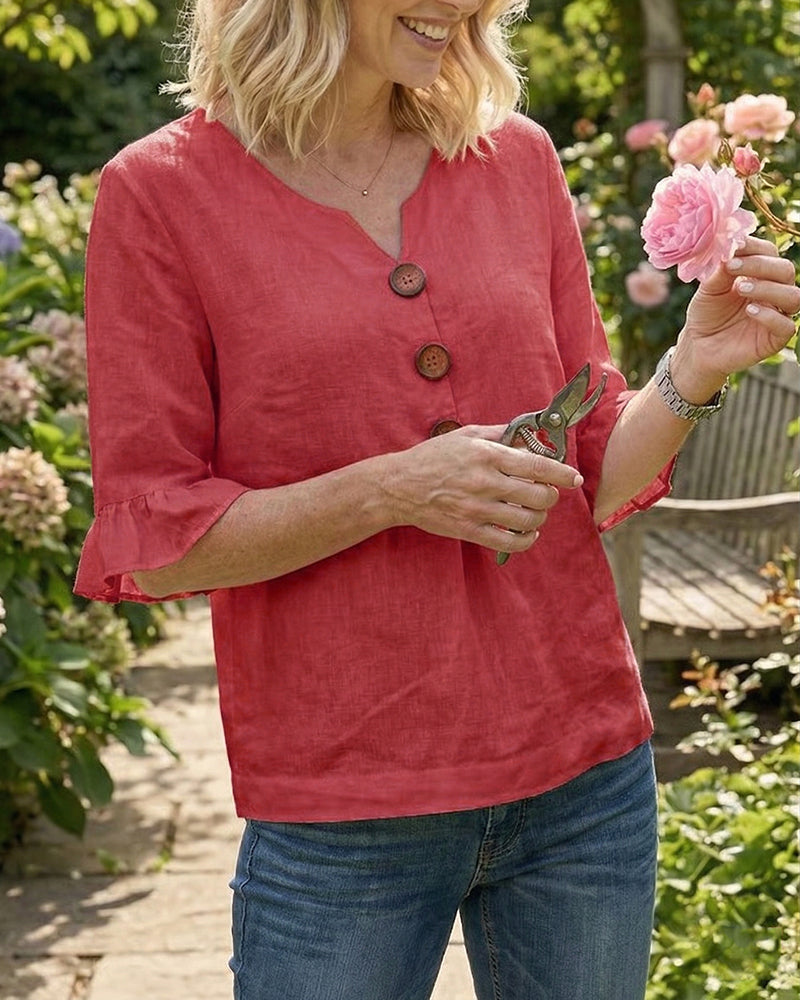 Sophia Plain Cotton-Linen Blouse with Wooden Buttons and Ruffles