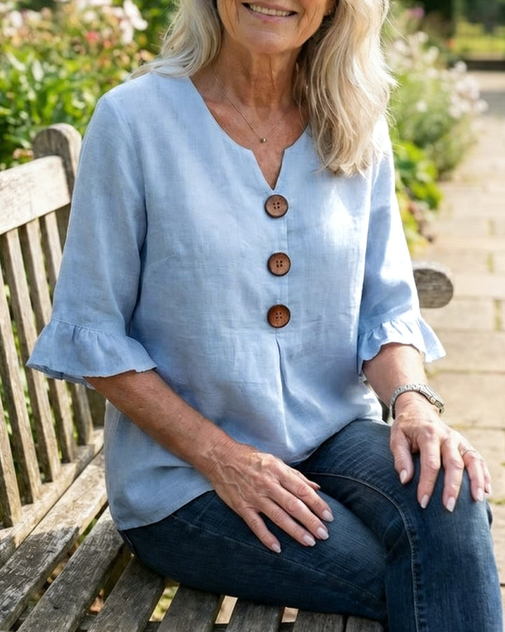 Sophia Plain Cotton-Linen Blouse with Wooden Buttons and Ruffles