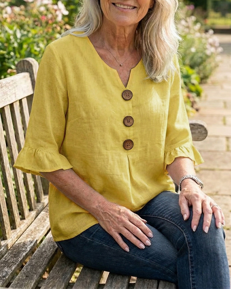 Sophia Plain Cotton-Linen Blouse with Wooden Buttons and Ruffles