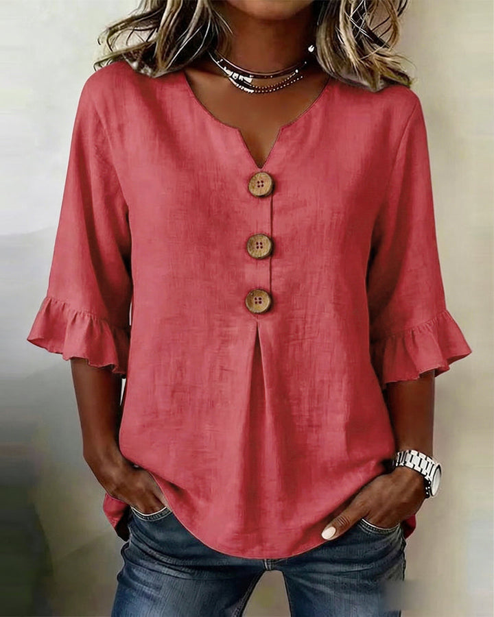Sophia Plain Cotton-Linen Blouse with Wooden Buttons and Ruffles