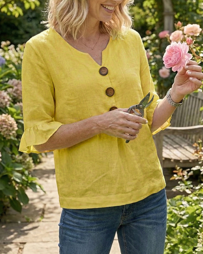 Sophia Plain Cotton-Linen Blouse with Wooden Buttons and Ruffles