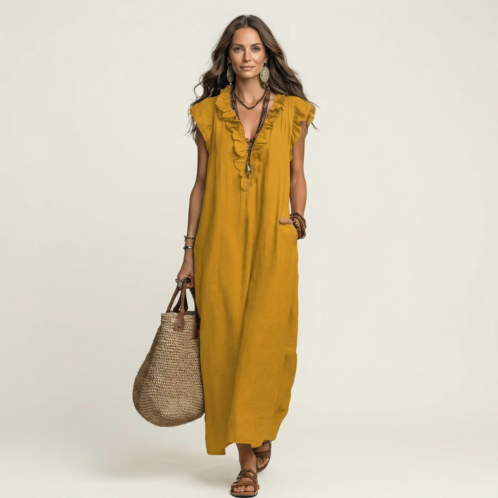Patricia | Long dress with V-neck and frills