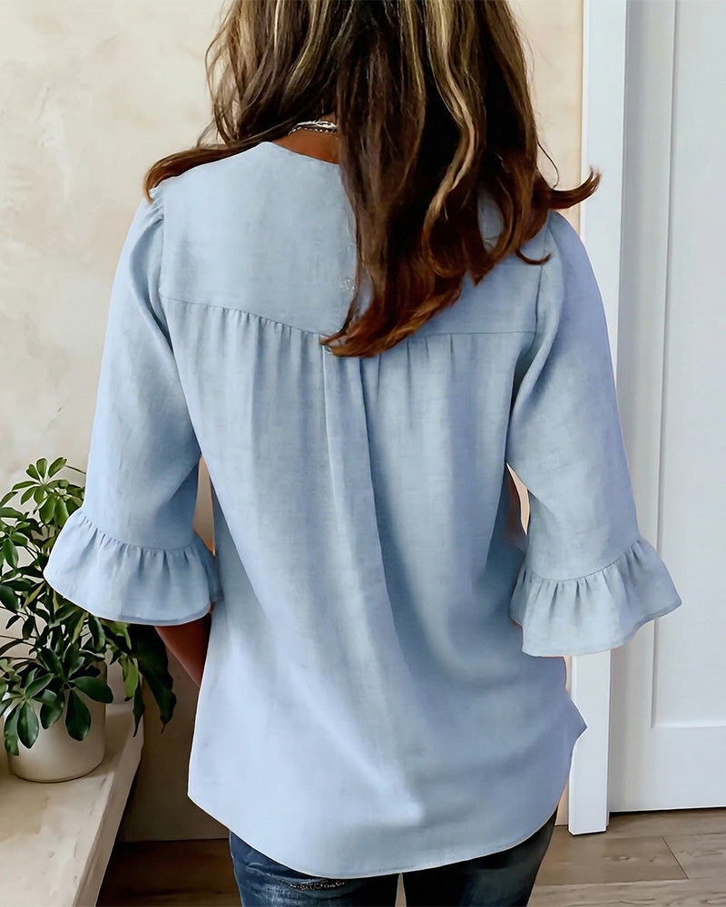 Sophia Plain Cotton-Linen Blouse with Wooden Buttons and Ruffles