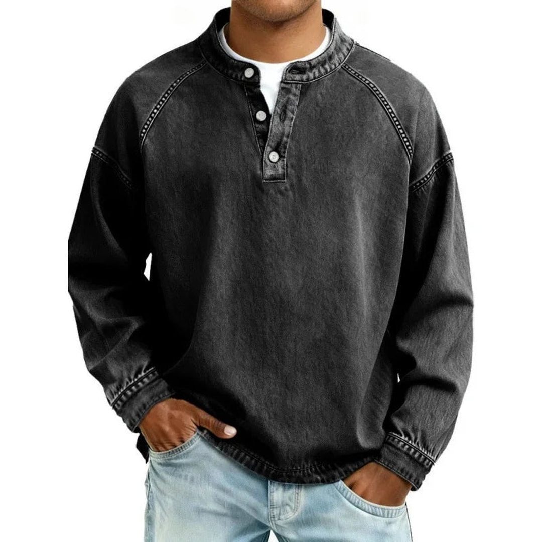 Dominic | Mens Vintage Washed Denim-Look Button Placket Pullover