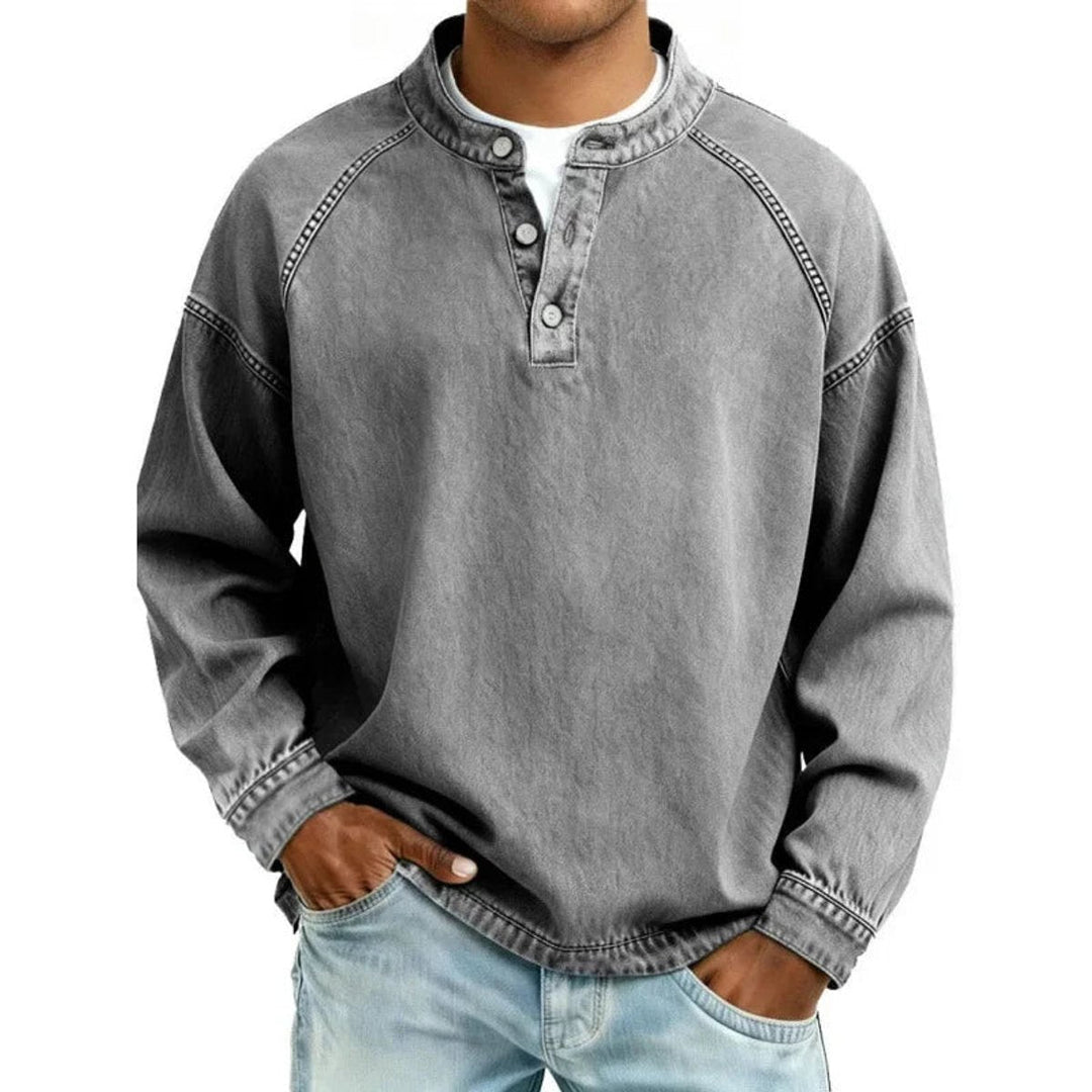 Dominic | Mens Vintage Washed Denim-Look Button Placket Pullover