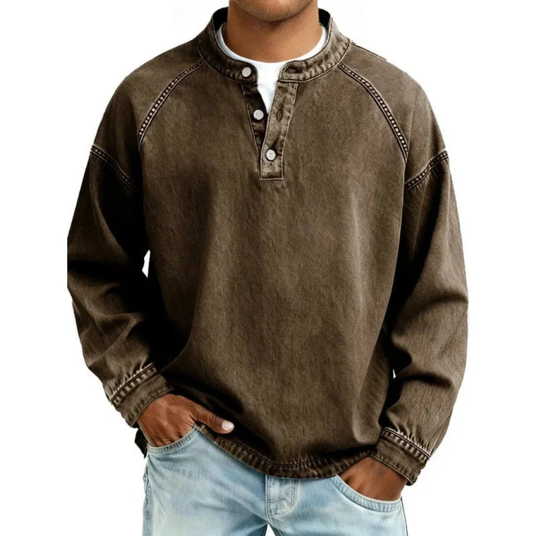 Dominic | Mens Vintage Washed Denim-Look Button Placket Pullover