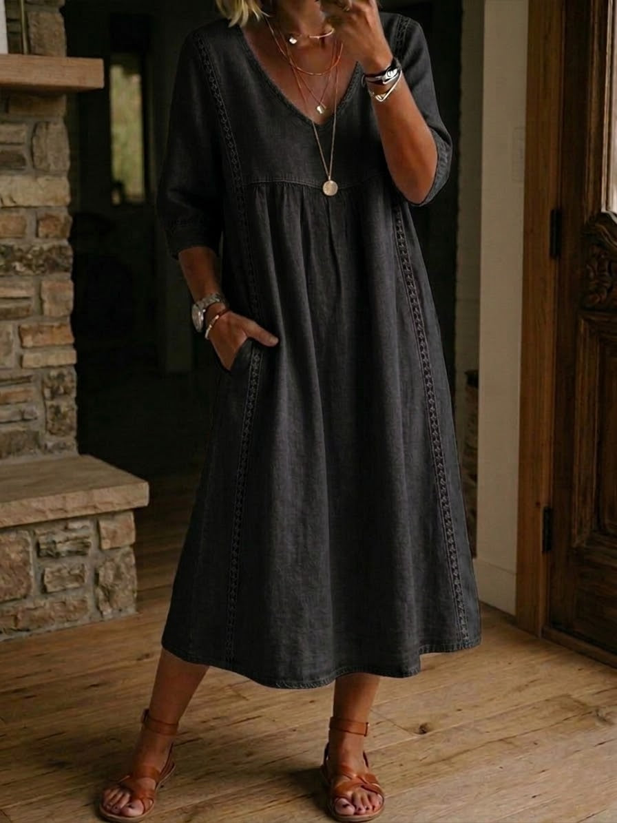 Rossana | Loose-Fitting Linen and Cotton Dress with Lace